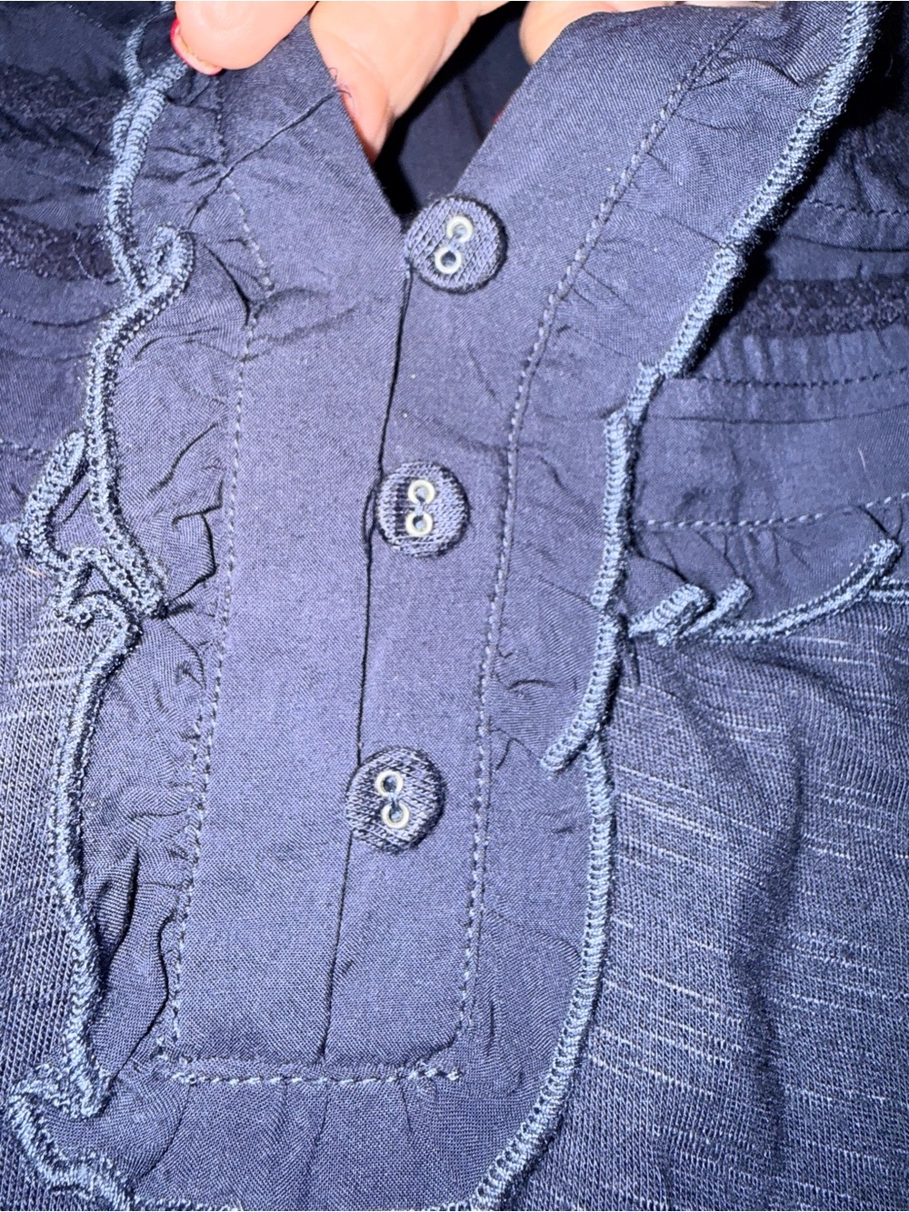 Democracy XS Navy Ruffle Henley Blouse Pintuck Long Sleeve Boho Festival Top - Picture 8 of 13